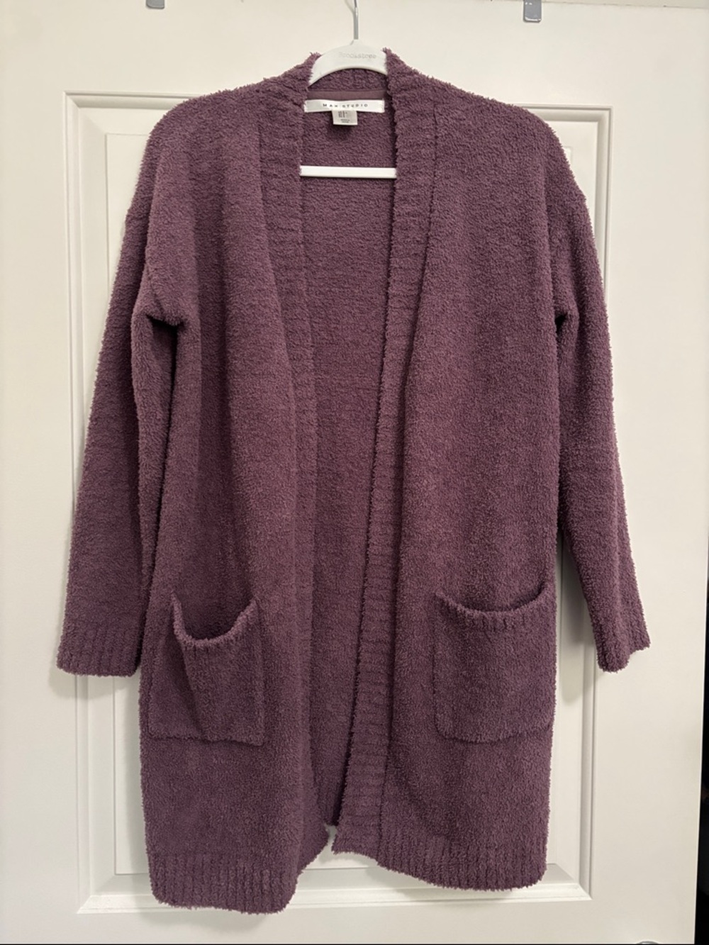 Max Studio purple plum fuzzy open front cardigan/robe, size small